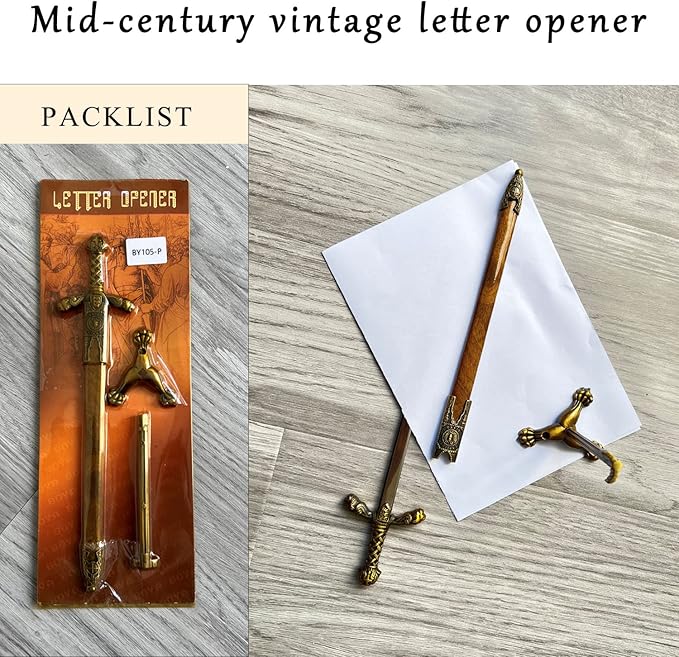 11" Metal Excalibur Sword Stainless Steel Letter Opener with Stand,Medieval Vintage Gold Handle,Mini Sword,Lightweight Hand Envelope Slitter,Special Gift