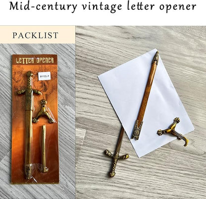11" Metal Excalibur Sword Stainless Steel Letter Opener with Stand,Medieval Vintage Gold Handle,Mini Sword,Lightweight Hand Envelope Slitter,Special Gift