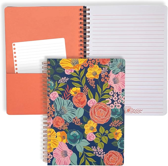 Steel Mill & Co Cute Floral Mini Spiral Notebook, 8.25" x 6.25" Journal with Durable Hardcover and 160 Lined Pages, Garden Blooms (Navy)