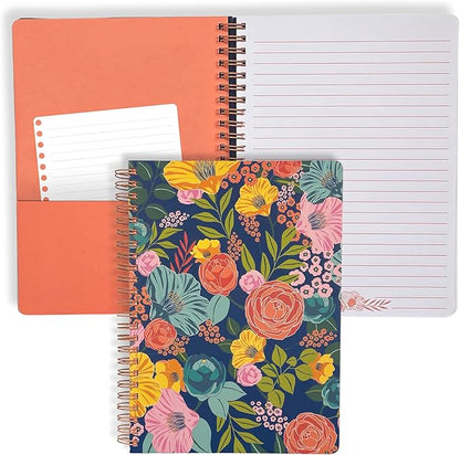 Steel Mill & Co Cute Floral Mini Spiral Notebook, 8.25" x 6.25" Journal with Durable Hardcover and 160 Lined Pages, Garden Blooms (Navy)