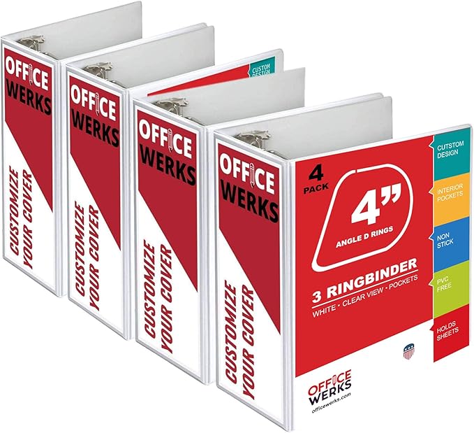 3 Ring Binder, Professional Angle D Ring Binder 4 Inch, Presentation Folder for Standard Pages 8.5 x 11 with Pockets, Crystal Clear View White Binder (4 Pack)