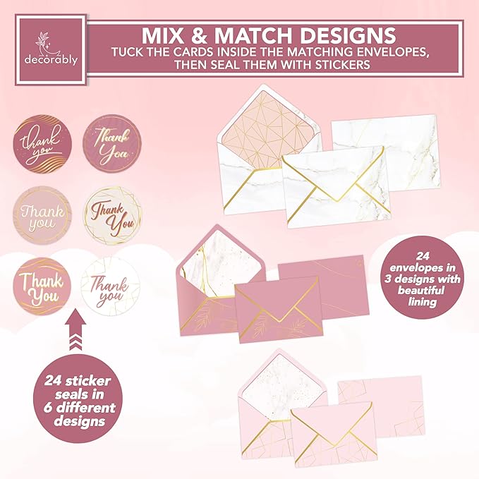 Decorably 24 Pack Gold-Foiled 6x4in Rose Gold Thank You Cards with Envelopes and Stickers, 6 Elegant Designs Pink Thank You Notes, Blank Inside - Wedding, Baby Shower, Birthday