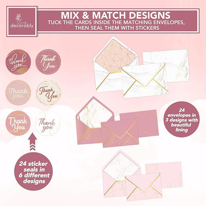 Decorably 24 Pack Gold-Foiled 6x4in Rose Gold Thank You Cards with Envelopes and Stickers, 6 Elegant Designs Pink Thank You Notes, Blank Inside - Wedding, Baby Shower, Birthday