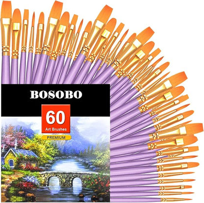 BOSOBO Paint Brushes Set, 6 Pack 60 Pcs Round Pointed Tip Paintbrushes Nylon Hair Artist Acrylic Paint Brushes for Acrylic Oil Watercolor, Face Nail Art, Miniature Detailing & Rock Painting, Purple