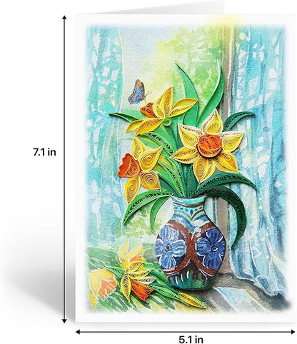 KingKraft Daffodils Flower Quilling Card, Handcrafted Greeting Card for All Occasions, Birthday Card for Mom, Thinking of You, Get Well, Anniversary, Valentines Day, Mothers Day Card, Blank Inside