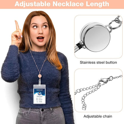 Outus 2 Pieces Badge Lanyard with ID Holders Stainless Steel Badge Holders Necklace Retractable Reel Clip Chain Water Resistant Name(Rose Gold, Silver)