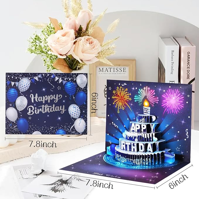 Musical Birthday Cards, 3D Pop Up Card with Music and Light, Firework Greeting Card with Interactive Blowable Candle, Birthday Gift for Her Him Mom Grandma Wife Husband (Blue and Silver)