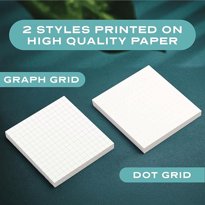 Sticky Notes Graph Paper 12pk | 3x3 Inch Small Self Stick Notepads for Desk and School Supplies