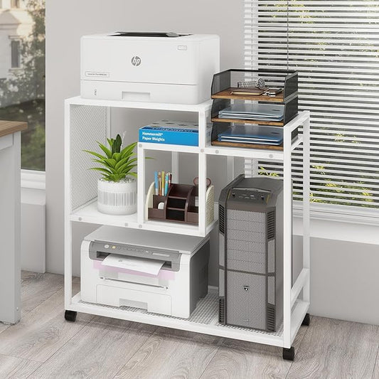 Natwind Mobile Printer Stand with Wheels,Computer Host Cart,PC Tower Stand, Multi-Functional Organizer Shelf for Shredder, Scanner, CPU,File Papers and Other Office Supplies (White)