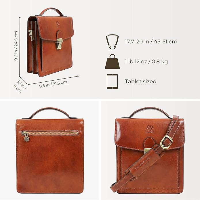 Time Resistance Small Leather Briefcase for Men - Crossbody Bag - Italian Leather Messenger Bag - Gift Box Included