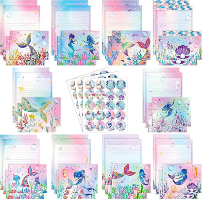TaoBary 160 Packs Stationery Paper Set (50 Double Sided Stationery Writing Papers 50 Matching Envelopes) 60 Round Dot Sticker, 10 Design(Mermaid,5.5 x 8.25 Inch)