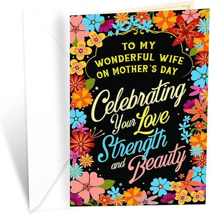 Prime Greetings Mother's Day Card, Made in America, Eco-Friendly, Thick Card Stock with Premium Envelope 5in x 7.75in, Packaged in Protective Mailer… (Wife)