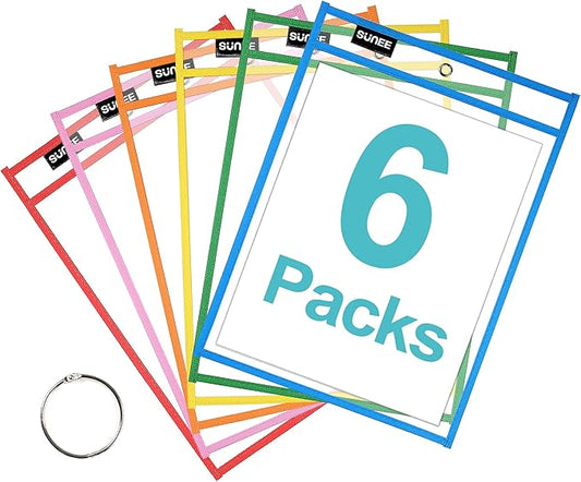 SUNEE 6 Packs Oversized Reusable Dry Erase Pocket Sleeves with Binder Ring, 6 Assorted Colors 10x14 Ticket Holders, Clear Plastic Sheet Protectors, Teacher School Classroom Supplies