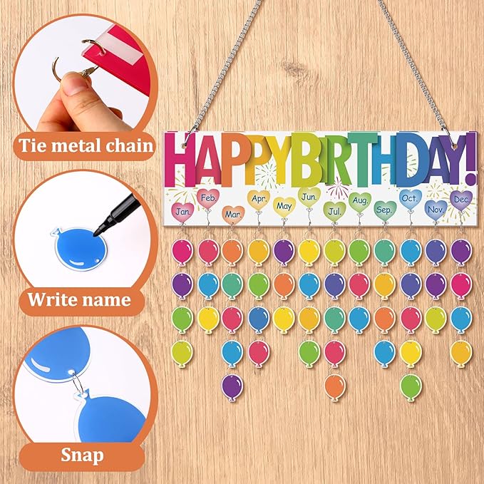 Eersida Birthday Calendar Wall Hanging Family Birthday Plaque with Tags Acrylic Birthday Reminder Calendar Board Classroom Birthday Reminder 120 Tags Christmas Party Gifts Home Decor(Classic Color)