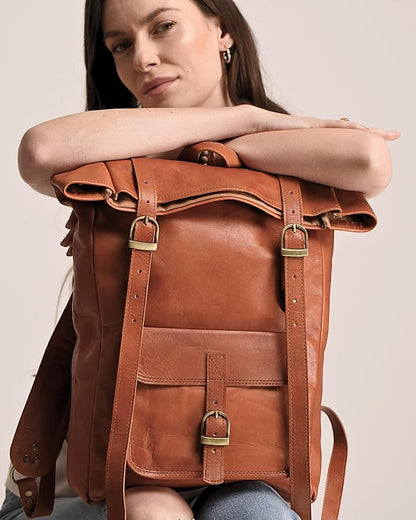 Genuine Leather Backpack for Men & Women, Rolltop Laptop Bookbag, Vintage Back Pack Rucksack for work & travel, Brown (Tan)