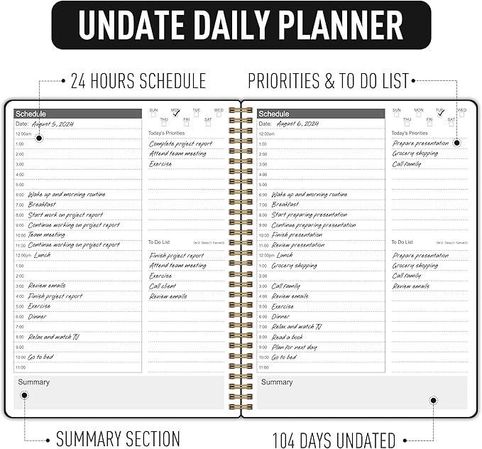 24 Hour Schedule Daily Planner - Undated To Do List Notebook with Hourly Schedule, 7" x 10", Spiral Organize Your Tasks and Appointments for Work, School, and Home - Black