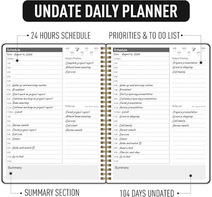 24 Hour Schedule Daily Planner - Undated To Do List Notebook with Hourly Schedule, 7" x 10", Spiral Organize Your Tasks and Appointments for Work, School, and Home - Black