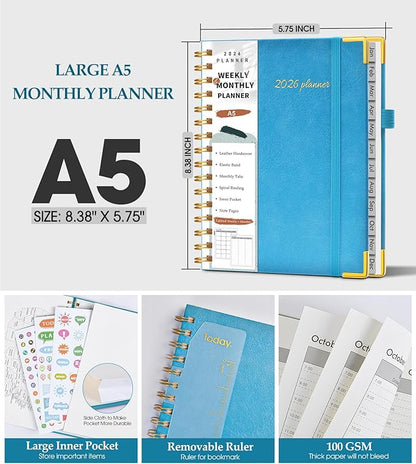 2026 Planner, Weekly and Monthly Calendar Planner from January 2026 - December 2026, 5.75" x 8.38" Hardcover Leather Hourly Appointment Book with Tabs, A5 Spiral Daily Planners for College School Work Home, Sky Blue