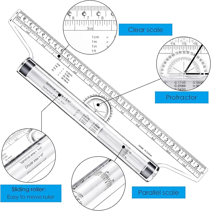 Frienda 2 Pieces Plastic Measuring Rolling Ruler Drawing Parallel Multifunctional Drafting Ruler for Architect Office Math(6 Inch, 12 Inch)