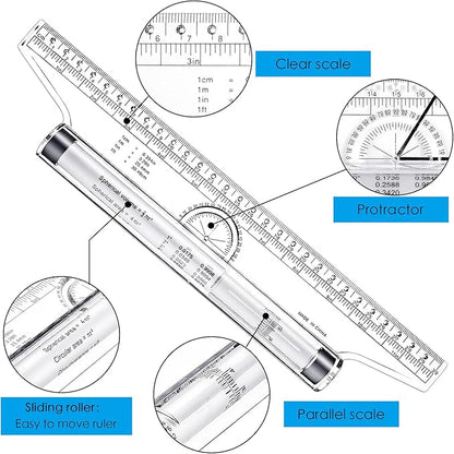 Frienda 2 Pieces Plastic Measuring Rolling Ruler Drawing Parallel Multifunctional Drafting Ruler for Architect Office Math(6 Inch, 12 Inch)