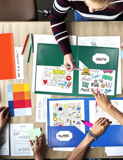 SUNEE 2 Pocket Folder (12 Pack, Assorted Colors) Heavy Duty Plastic Folders with Pockets Fit Letter-Size Papers, Two-Pocket Poly Folders Bulk for School, College, Office