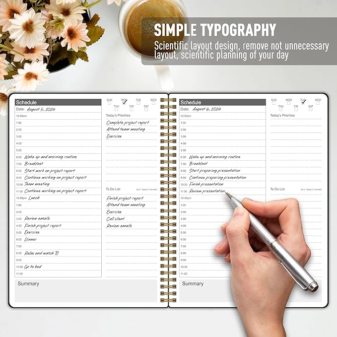24 Hour Schedule Daily Planner - Undated To Do List Notebook with Hourly Schedule, 7" x 10", Spiral Organize Your Tasks and Appointments for Work, School, and Home - Black