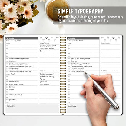 24 Hour Schedule Daily Planner - Undated To Do List Notebook with Hourly Schedule, 7" x 10", Spiral Organize Your Tasks and Appointments for Work, School, and Home - Black