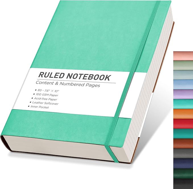 RETTACY Journaling Notebooks, B5 Lined Journal Notebook with 320 Numbered Pages, 7.6" × 10", Medium Size, Journal Notebook for Writing, Work, School, Leather Softcover, 100 GSM Thick Paper (Mint)