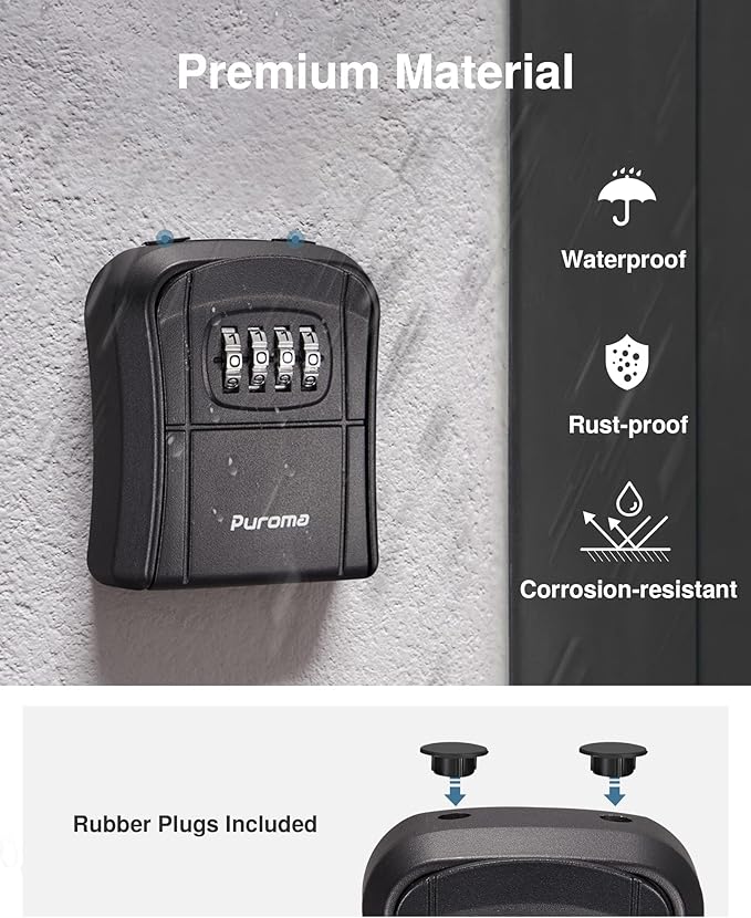 Puroma Key Lock Box, Portable Combination Lockbox Wall-Mounted Key Storage Box for House Keys, Resettable Code Safe Security Lock Box for Home, Office, Apartment Spare Key Storage (1 Pack, Pure Black)