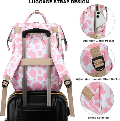 Cow Print Laptop Backpack College School Backpack Bookbags Nurse Backpacks Travel Bags for Women Girls Fits 15.6 Inch Notebook (Pink)
