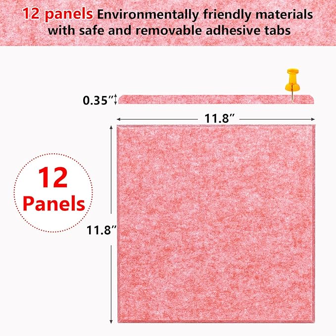 Large Cork Board Alternative - 12 Pack Felt Wall Tiles Office Decor Cork Board for Office, Cork Boards for Walls, Pink Bulletin Board Pin Board with Safe Adhesive for Office/Home/School