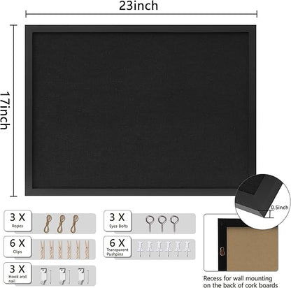 Cork Board with Linen Black,Bulletin Board 23"x17", Corkboards for Office Home School Message Board or Vision Board Decoration.