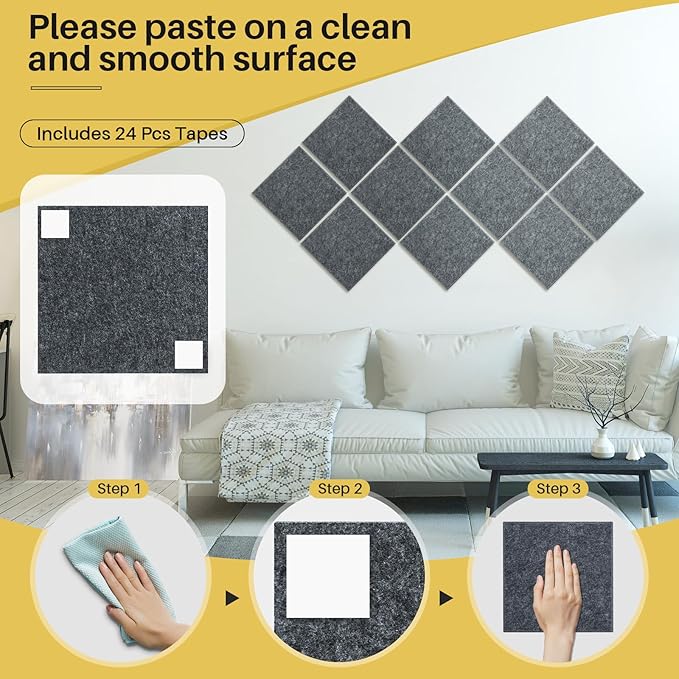 DOLLAR BOSS Large Cork Bulletin Board, 48"x36" Cork Board Wall Tiles 12 Packs 1/2" Thick Corkboards for Walls Self Adhesive Acoustic Panels Soundproof Pin Board with 60 Pushpins, Dark Grey