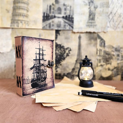 Large Sailing Ship Leather Journal Dairy Notebook Sketchbook | 200 Deckle Papers | C-Shape Lock for Closure (10*7 inch)