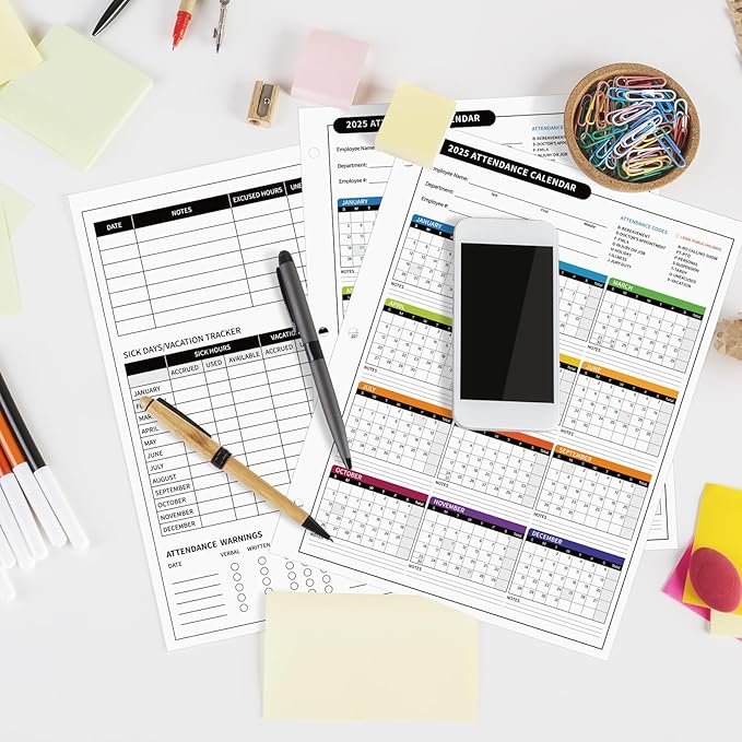 ReliThick 50 PCS 2025 Attendance Calendar Card Stock Paper 2025 Attendance Sheets for 3 Hole Binder Employee Record Folders for Manager, HR, Store Location Managers(Multicolor)