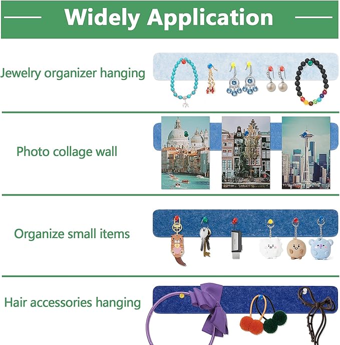 8 Pcs Felt Pin Board Bar Strips Bulletin Board for Bedrooms Offices Home Wall Decoration, Notice Board Self Adhesive Cork Board with 50 Push Pins for Paste Notes, Photos, Schedules (Multi-Blue)