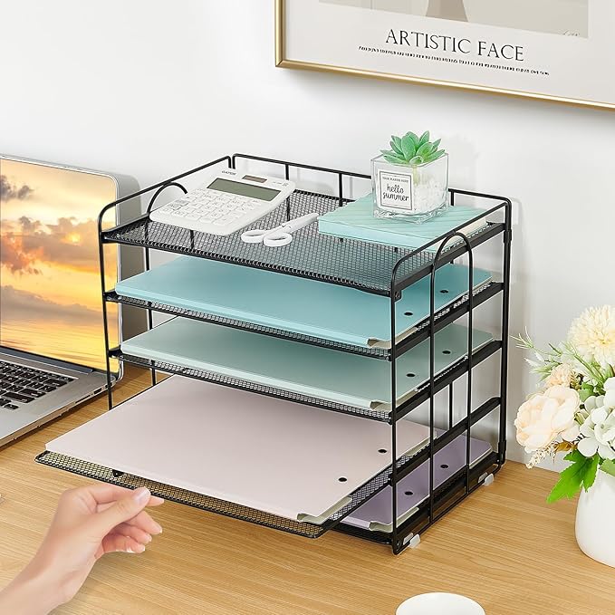 5 Tier Mesh Paper Letter Tray Organizer, Desktop Mail Sorter Office Supplies Organizer for Desk, Desk Organizers and Accessories (Black)