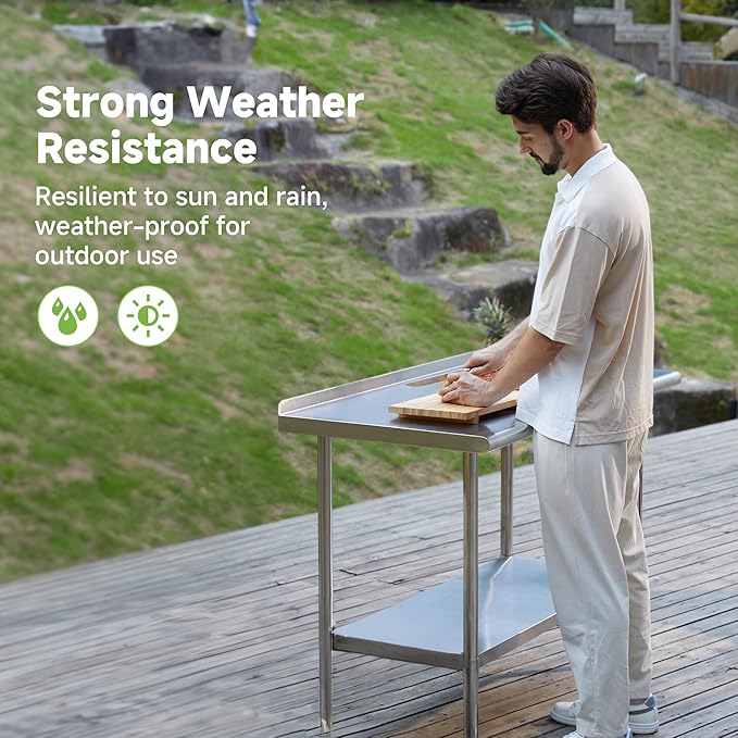 Real Relax Stainless Steel Table with Backsplash, NSF Commercial Heavy Duty Stainless Steel Table for Prep with Adjustable Undershelf, for Indoor & Outdoor- 24" D x 30" W x 34" H