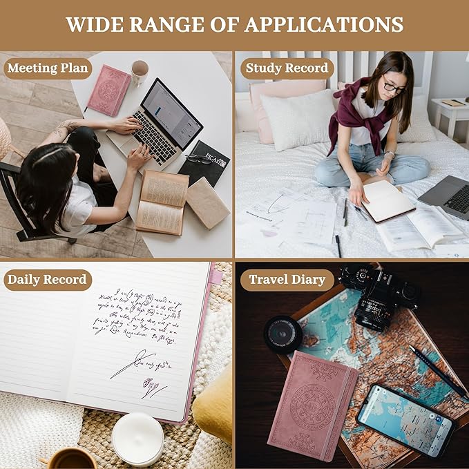 CAGIE Leather Journals for Writing Hardcover Journal for Men with Pen, 290 Pages Lined Journaling Notebooks for Work Pink Leather Vintage Journal Notebook, 6.1" x 8.5"