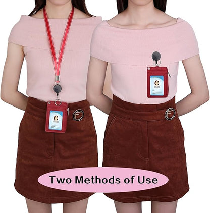 Cute ID Badge Holder Retractable Lanyard Reel Clip with Heavy Duty Carabiner, 5 Card Slots in 2 Sided with Key Ring and Zipper for Women Students Teens Girls Office Staff (Red)