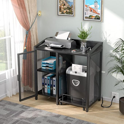 Unikito File Cabinet with Paper Shredder Stand On Wheel, Modern Vertical Filing Cabinet with Socket and USB Charging Port, Large Printer Stand with Adjustable Storage Shelf Rack for Home Office, Black