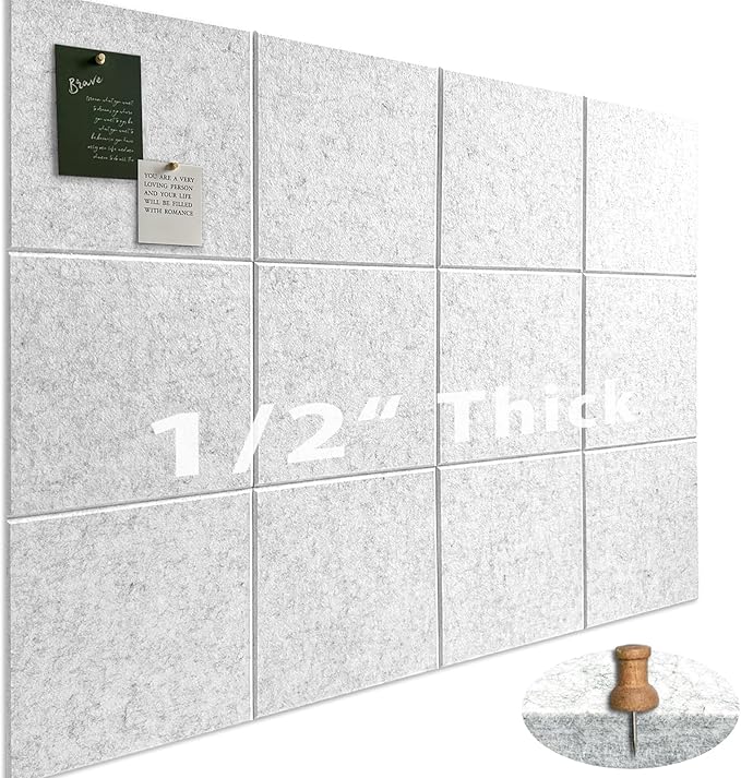 Large Cork Board for Office Wall Decor,48"x36"-12 Pack Felt Wall Tiles with 35 Push Pins, Thicker 0.47in, Felt Bulletin Board Pin Board Cork Boards for Walls - Light Grey