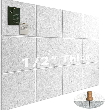 Large Cork Board for Office Wall Decor,48"x36"-12 Pack Felt Wall Tiles with 35 Push Pins, Thicker 0.47in, Felt Bulletin Board Pin Board Cork Boards for Walls - Light Grey