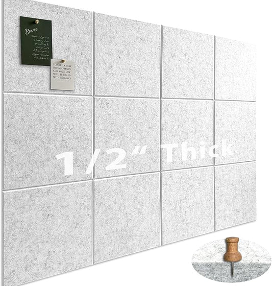 Large Cork Board for Office Wall Decor,48"x36"-12 Pack Felt Wall Tiles with 35 Push Pins, Thicker 0.47in, Felt Bulletin Board Pin Board Cork Boards for Walls - Light Grey