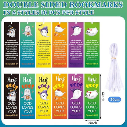 60 Pcs Halloween Bookmark Hey Boo God Loves You Bookmark Romans 8: 38-39 Ghost Christian Bookmarks VBS Exchange Gifts for Kids Adult Church School Classroom Prizes Party Favors