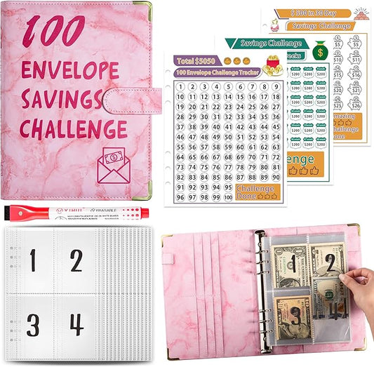 100 Envelopes Challenge Binder Savings Challenges Book, A5 Money Saving Planner Cash Envelope Budget Binder with Erasable Pen, Easy and Fun Way to Save $5,050, 10,000 and $500 (Marble Pink)
