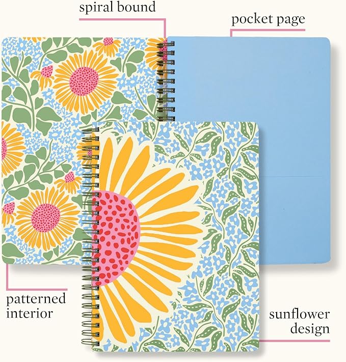 Steel Mill & Co Cute Mini Spiral Notebook, 8.25" x 6.25" Journal with Durable Hardcover and 160 Lined Pages (Sunflower)