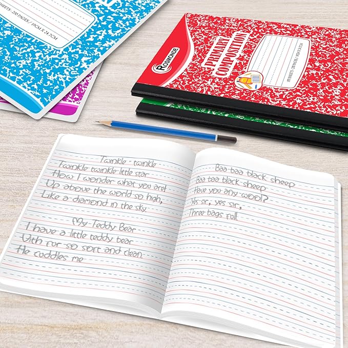 Composition Notebooks Primary Ruled 50 Pack, 200 Pages (100 Sheets), Color Marble Composition Notebook, Sewn Binding Hard Cover, Primary Composition Notebook for Kids, Writing Dotted Lined