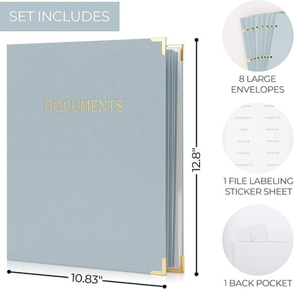 Aesthetic Document Organizer - Sturdy Linen 3-Ring Binder Safely Stores All Your Important Documents and Files in One Place - Easy to Use Expanding Storage Folder Incl. Envelopes, Pockets & Labels