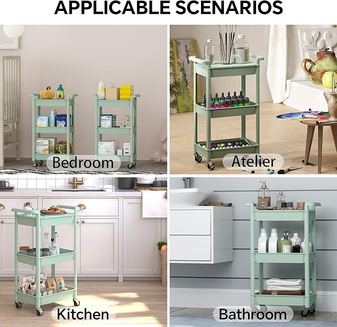 3-Tier Utility Rolling Cart with Cover Top Board, Mobile Utility Cart with Lockable Casters Multi-Functional Storage Trolley for Office, Bathroom, Kitchen, Garden, Laundry Room (Green)